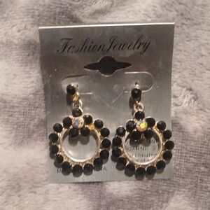 Fashion Jewelry Black and Gold Circle Earrings Rhinestones